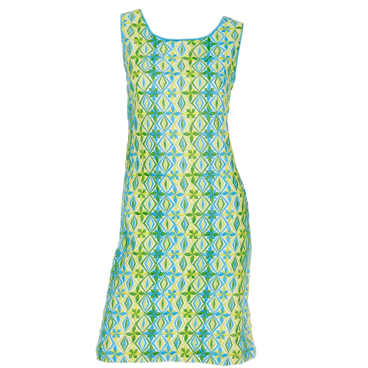 1960s Bill Atkinson Glen of Michigan Embroidered Green & Blue Dress