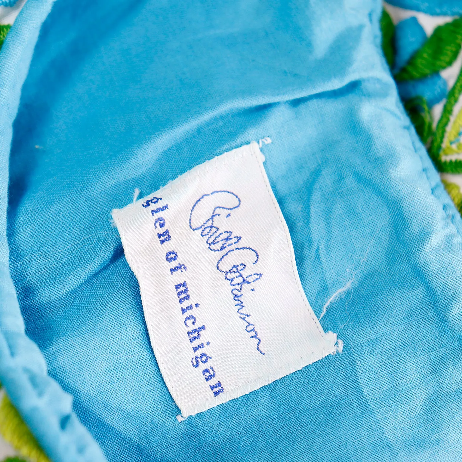 1960s Bill Atkinson Glen of Michigan Embroidered Green & Blue Dress