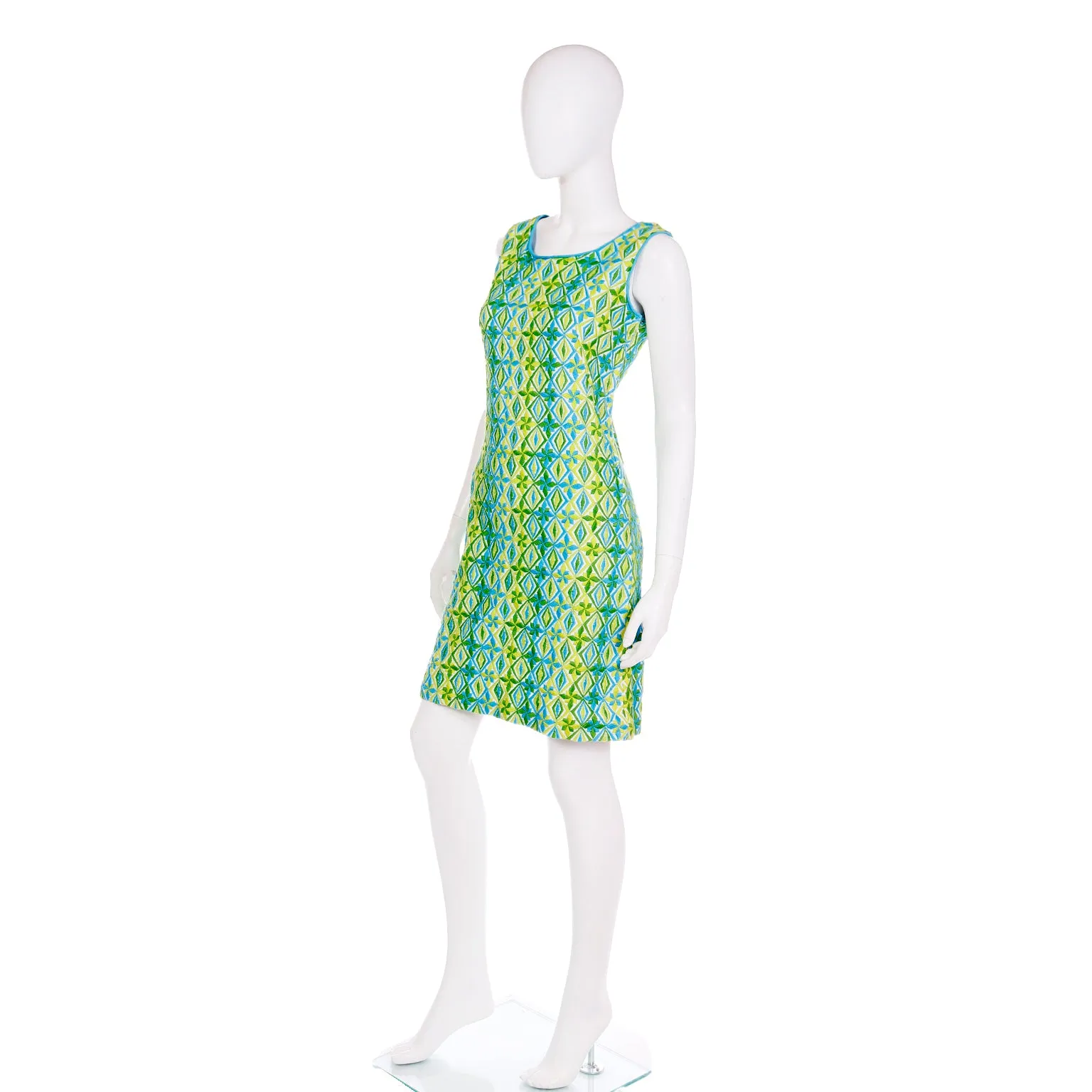 1960s Bill Atkinson Glen of Michigan Embroidered Green & Blue Dress