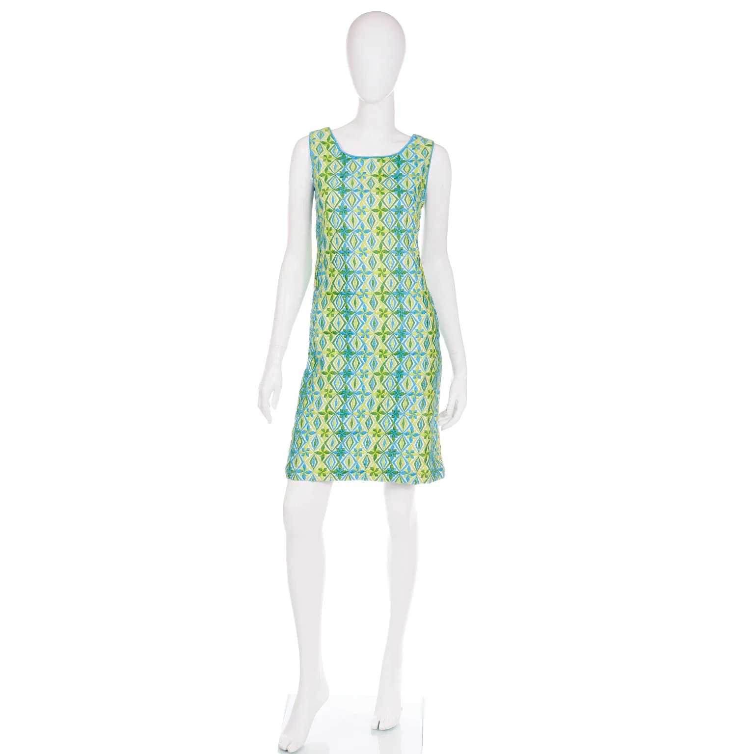 1960s Bill Atkinson Glen of Michigan Embroidered Green & Blue Dress