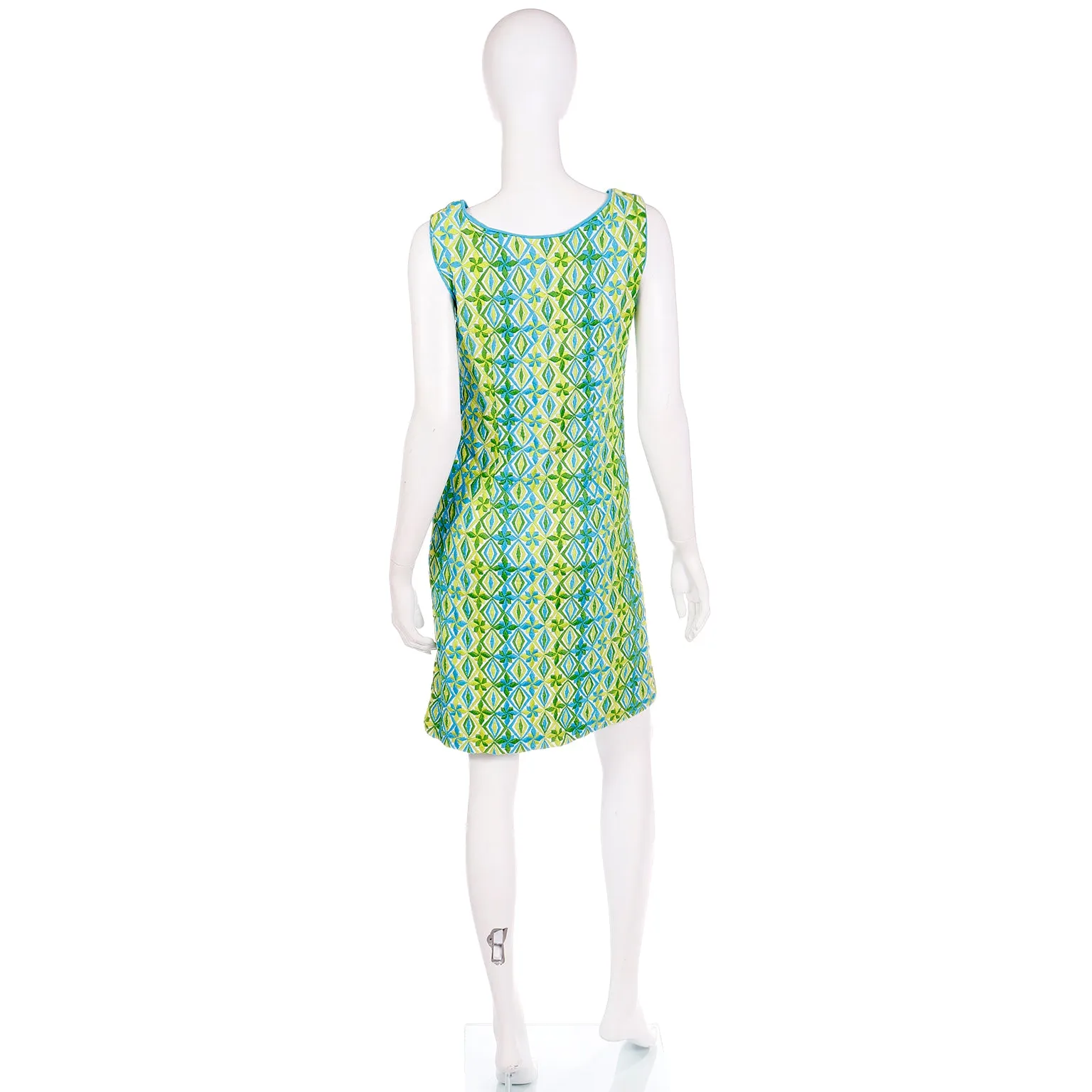1960s Bill Atkinson Glen of Michigan Embroidered Green & Blue Dress
