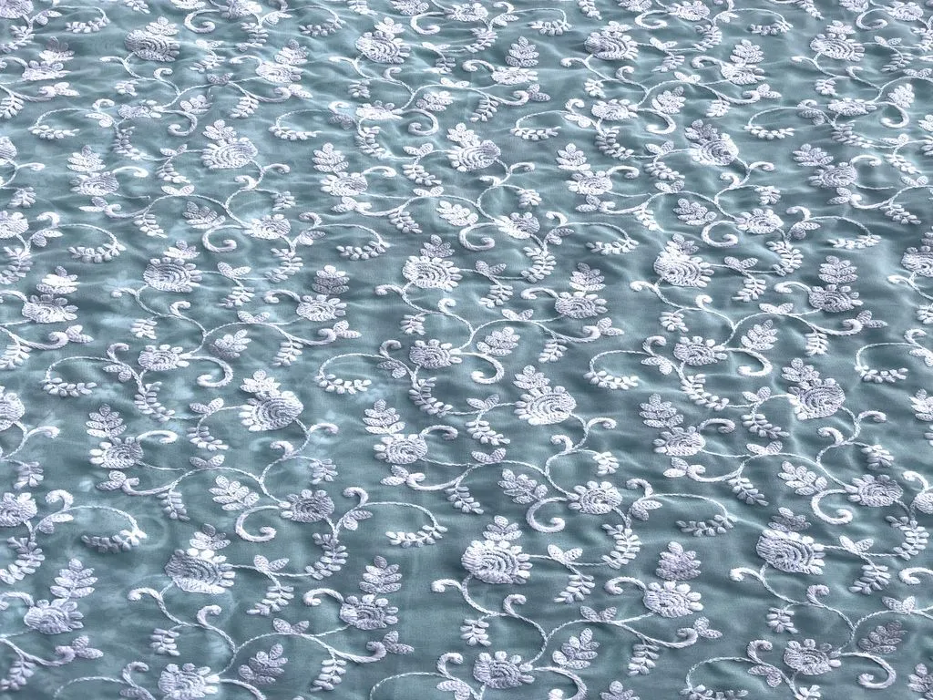 Aqua Green Traditional Chikankari Embroidered Georgette Fabric (Wholesale)