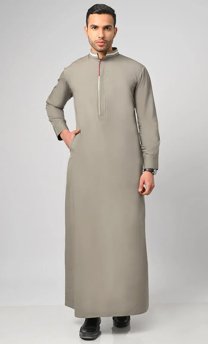 Arabic Neck Detailing Thobe Jubba For Men With Cuffs And Pockets