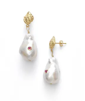 Baroque Pearl Shell Earrings, Ruby (pair) Baroque Pearl Shell Earrings, Ruby (pair)