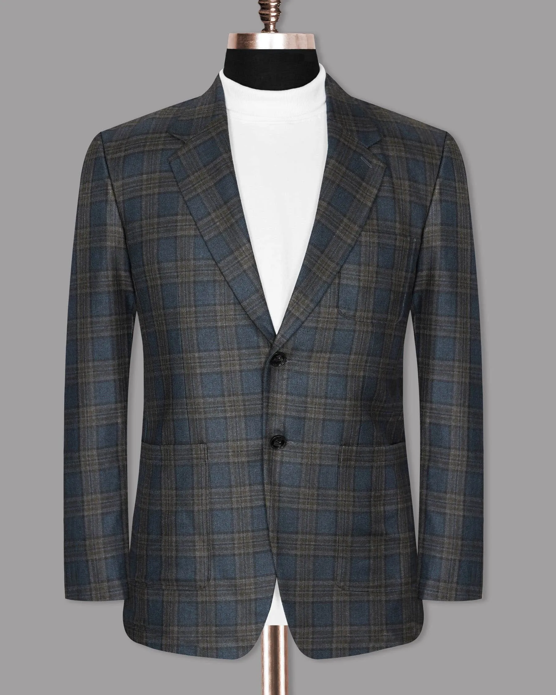 Bayoux Blue with brown Windowpane Wool Rich Blazer