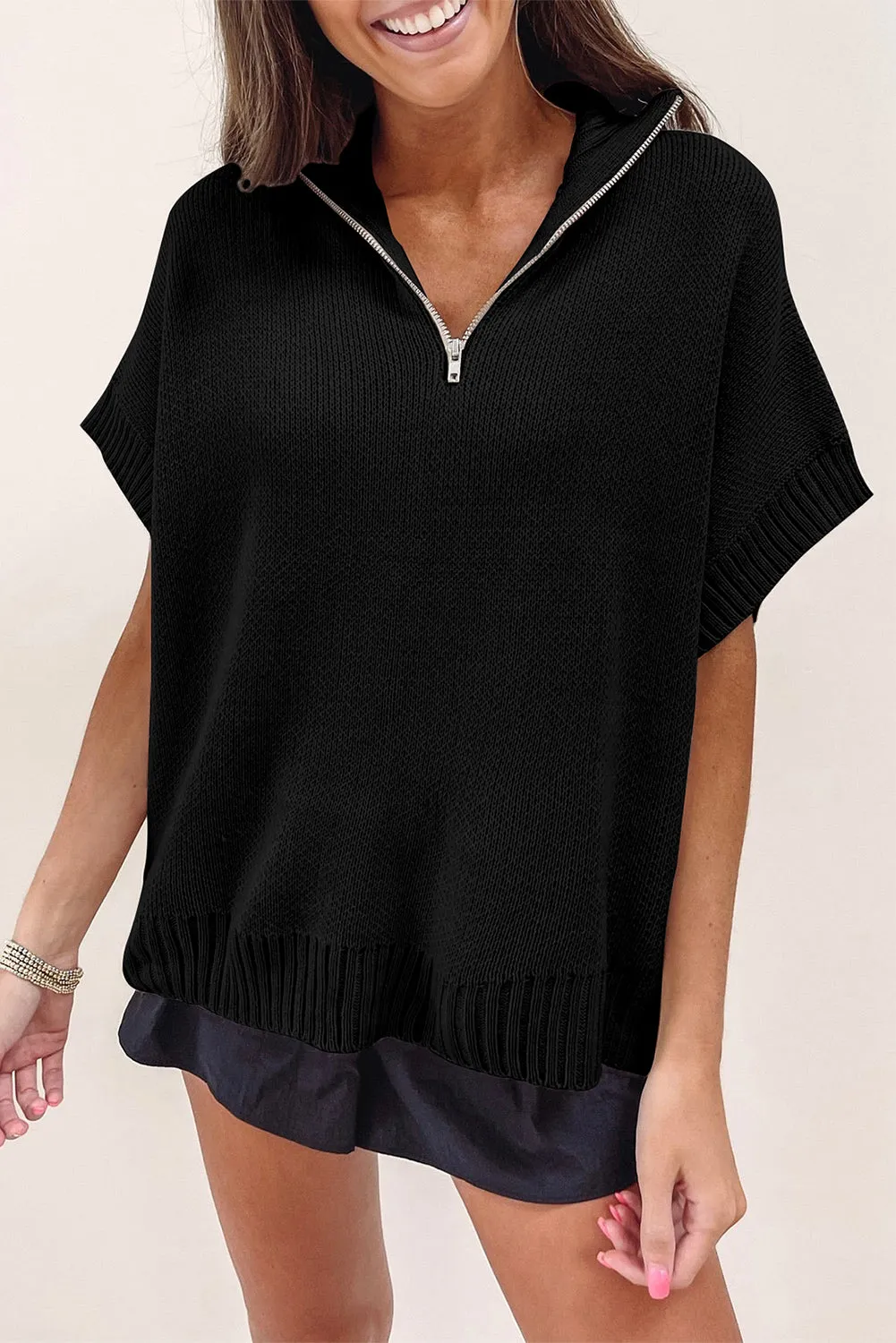 Black Quarter Zip Short Batwing Sleeve Sweater