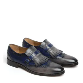 Blue/Grey Leather Fringed Single Monk Strap Shoes By Brune & Bareskin Blue/Grey Leather Fringed Single Monk Strap Shoes By Brune & Bareskin