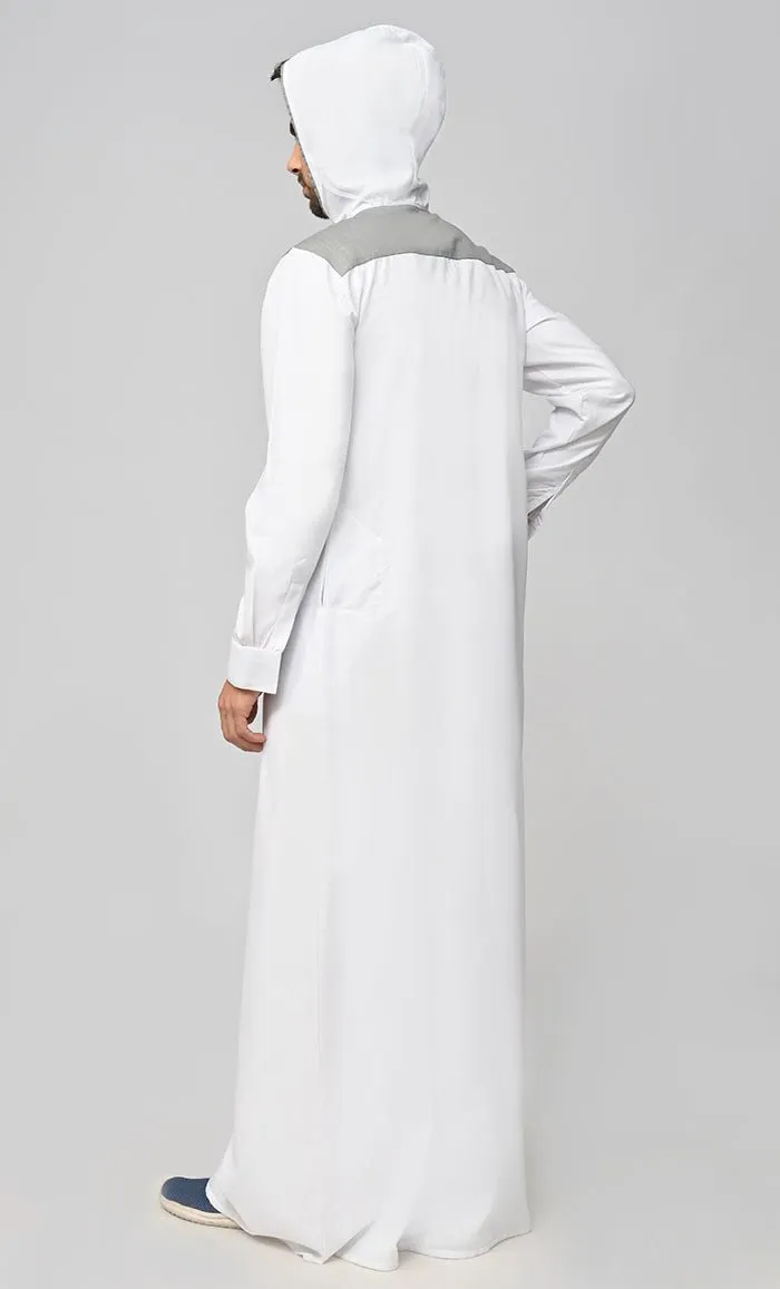 Buy Mens Grey Contrasted Thobe/Jubba With Pockets And Hood
