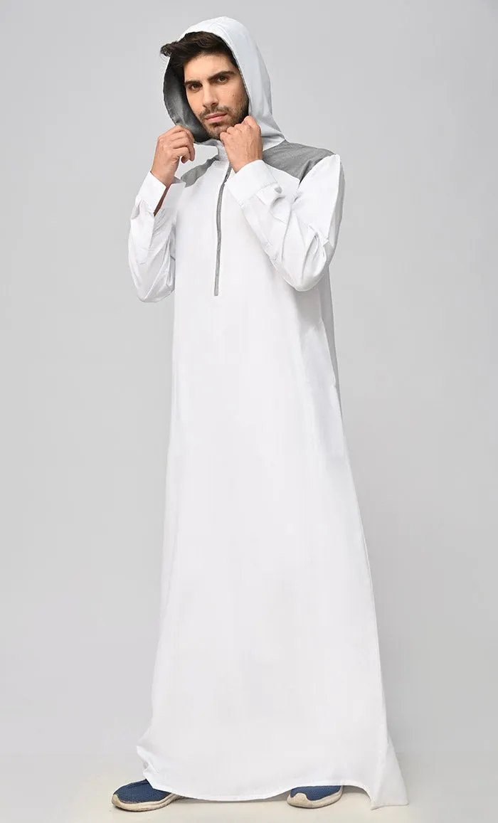 Buy Mens Grey Contrasted Thobe/Jubba With Pockets And Hood