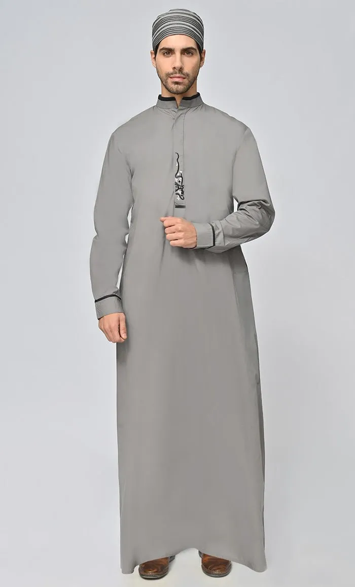 Buy Mens Islamic Embroidered Thobe/Jubba With Pockets And Kufi-Grey - Final Sale
