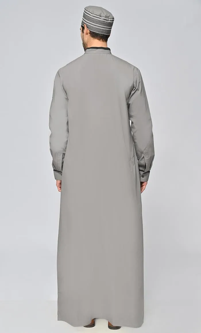 Buy Mens Islamic Embroidered Thobe/Jubba With Pockets And Kufi-Grey - Final Sale