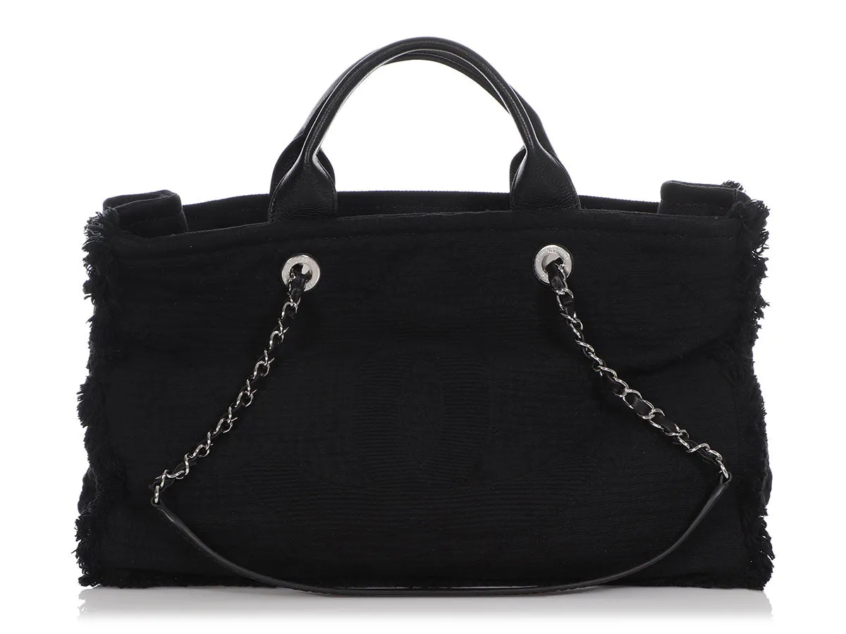 Chanel Black Quilted Fabric Deauville Fringed Tote