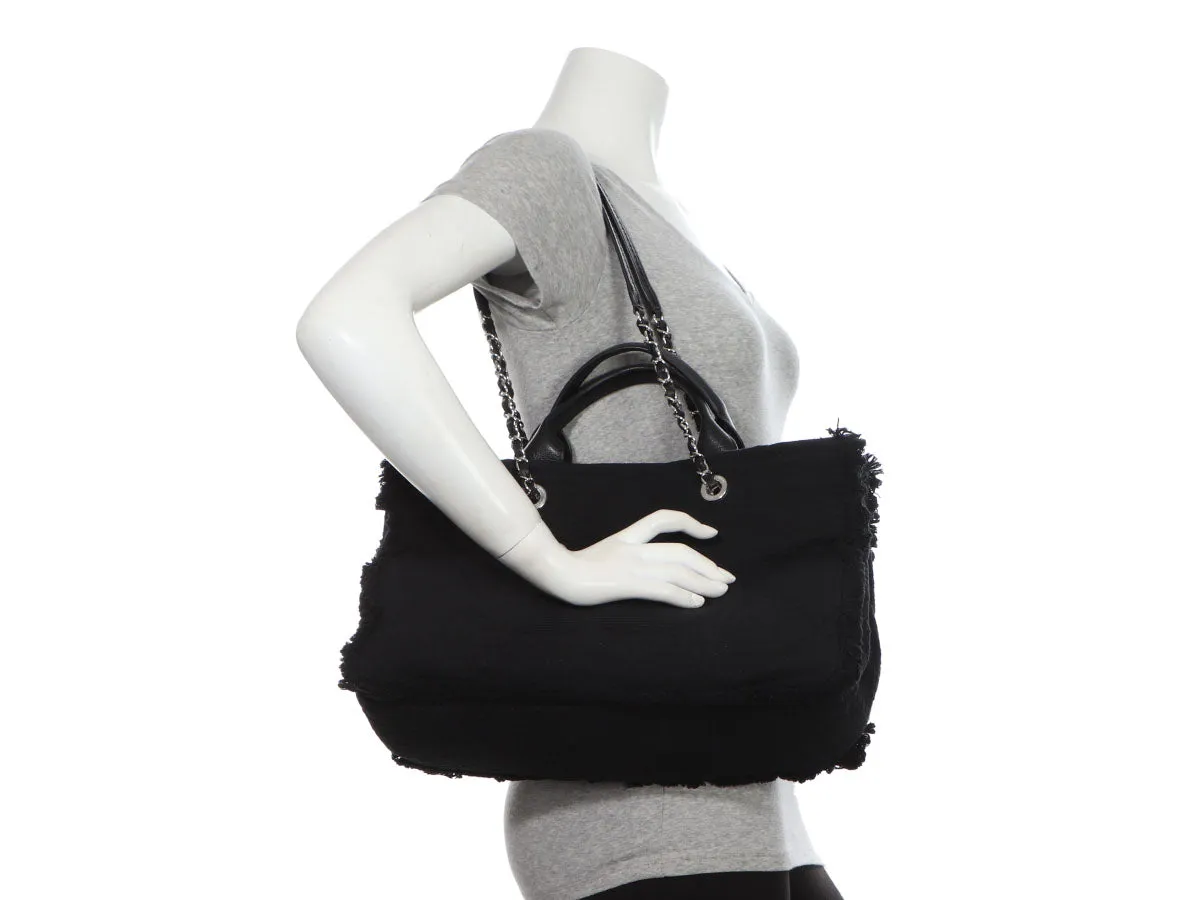 Chanel Black Quilted Fabric Deauville Fringed Tote