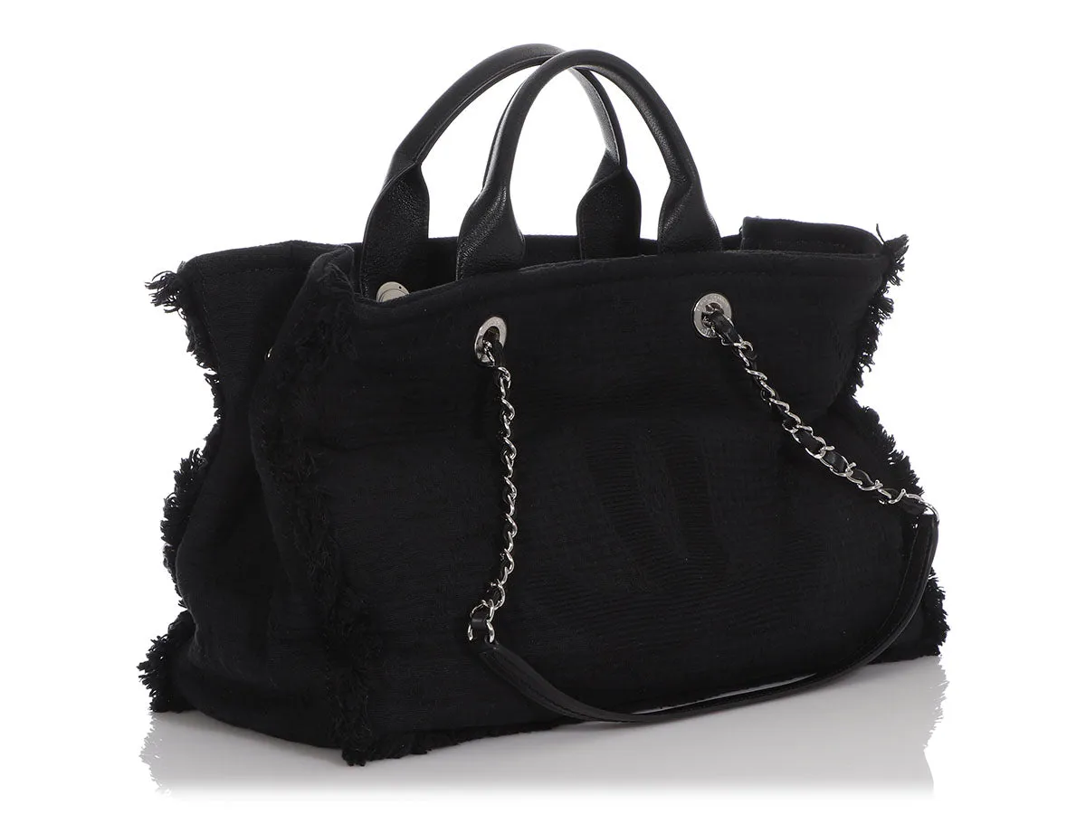Chanel Black Quilted Fabric Deauville Fringed Tote