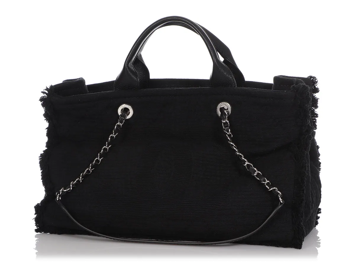 Chanel Black Quilted Fabric Deauville Fringed Tote