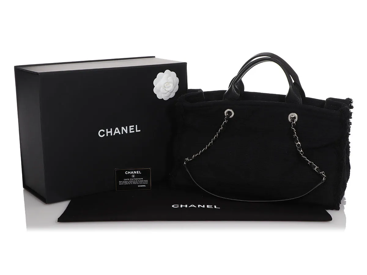 Chanel Black Quilted Fabric Deauville Fringed Tote