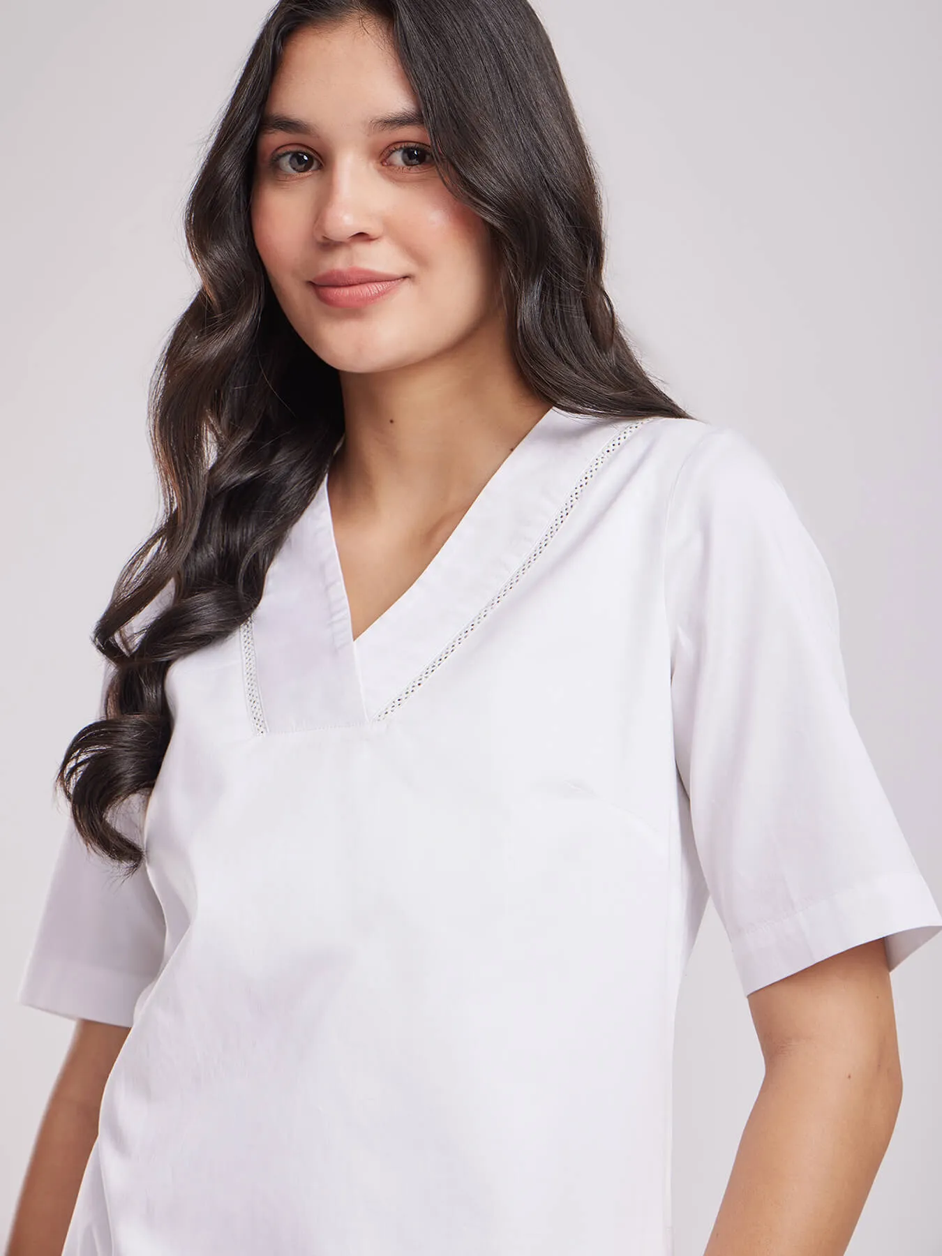 Cotton Satin Lace Dress - White