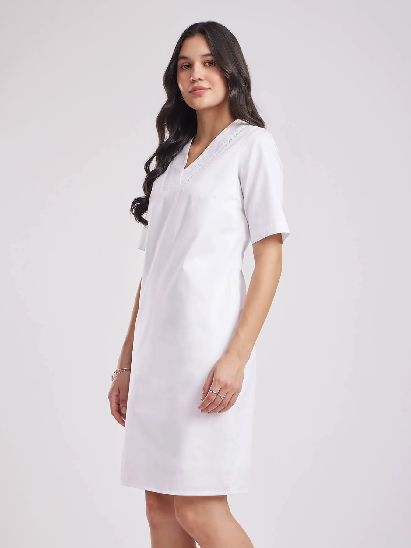 Cotton Satin Lace Dress - White