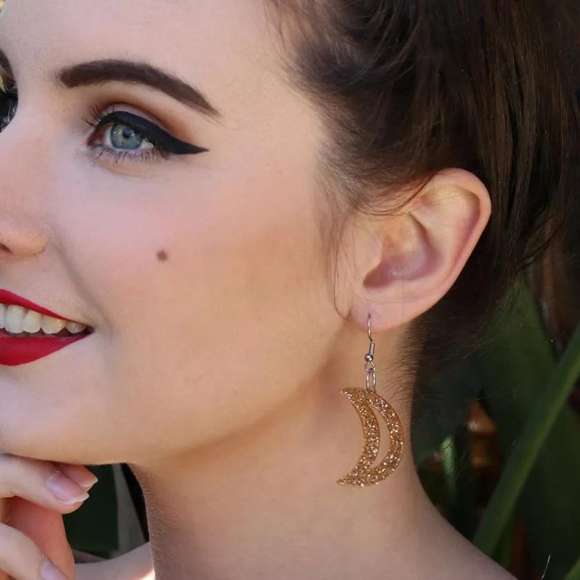 Crescent Moon Glitter Resin Drop Earrings - Gold