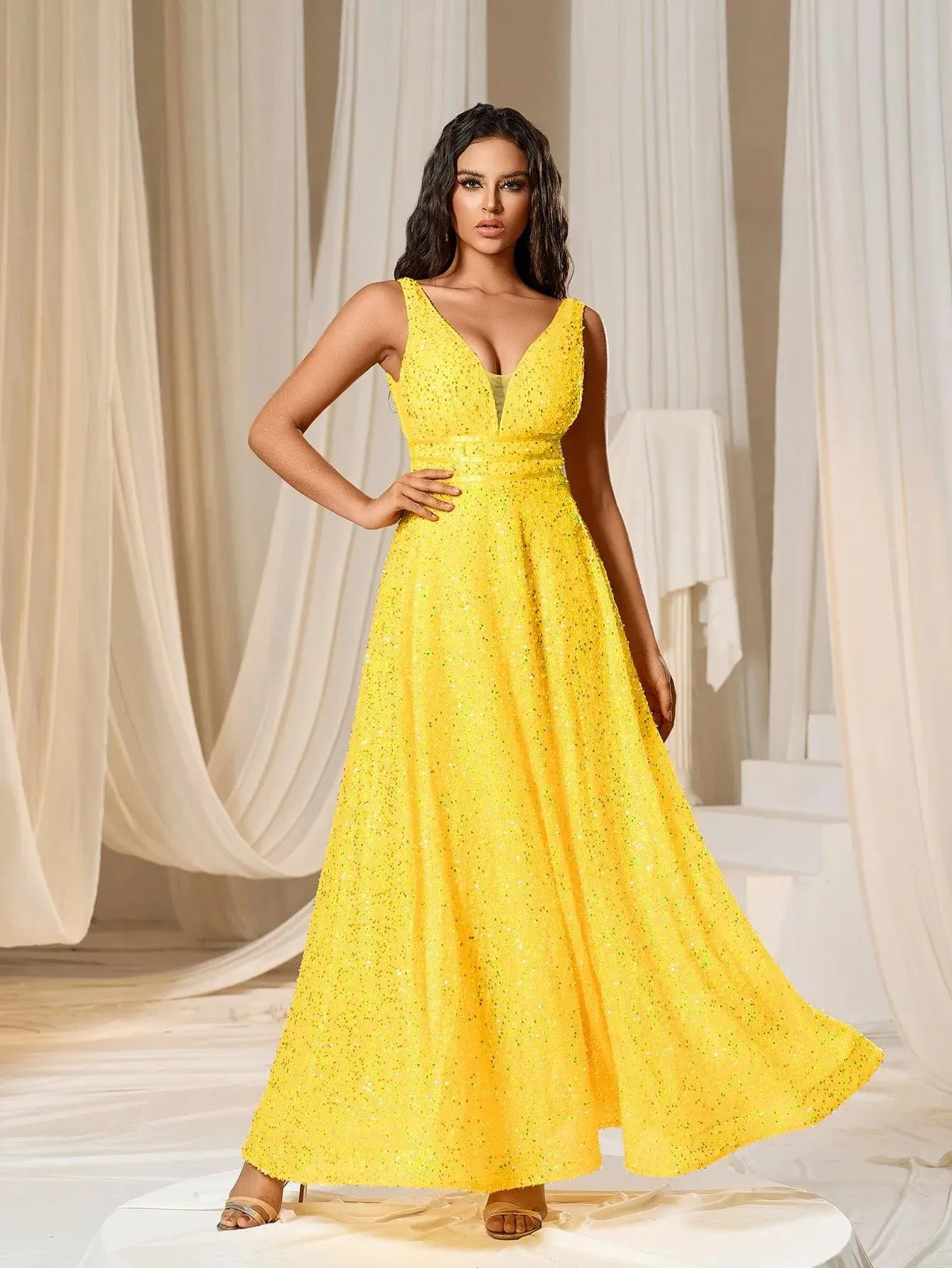 Elegant V Neck Sleeveless Sequin A-line Dresses