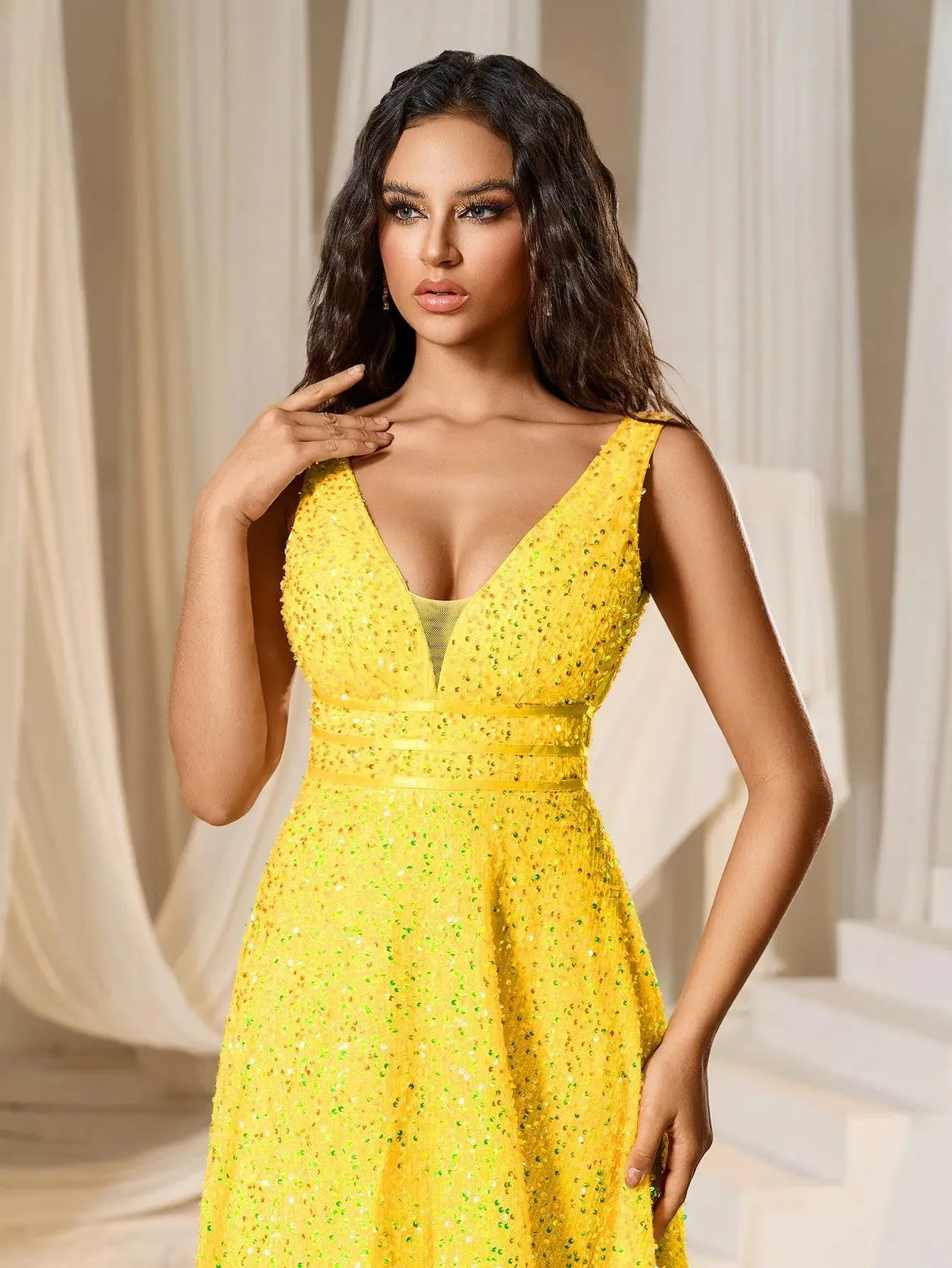 Elegant V Neck Sleeveless Sequin A-line Dresses