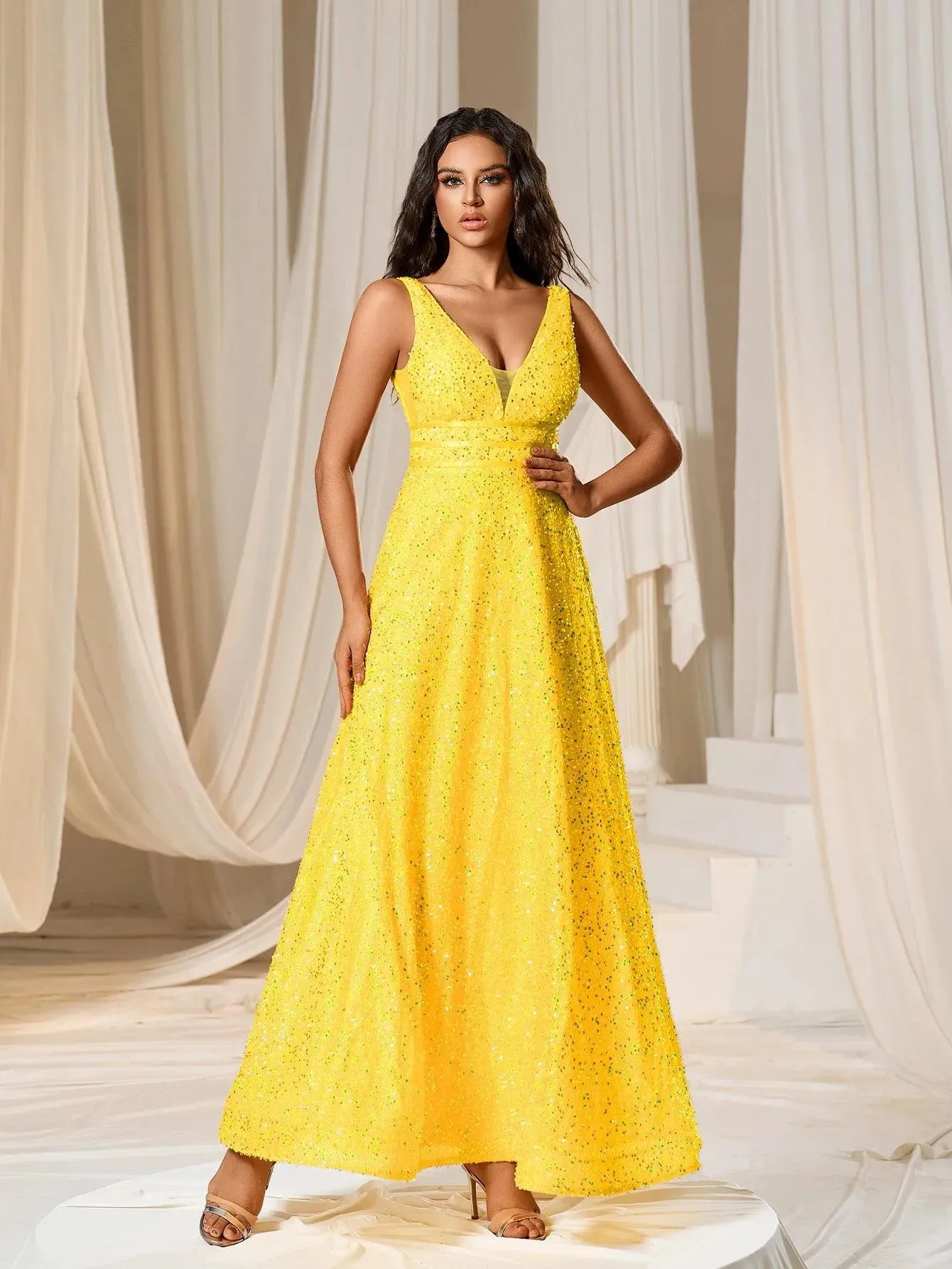 Elegant V Neck Sleeveless Sequin A-line Dresses