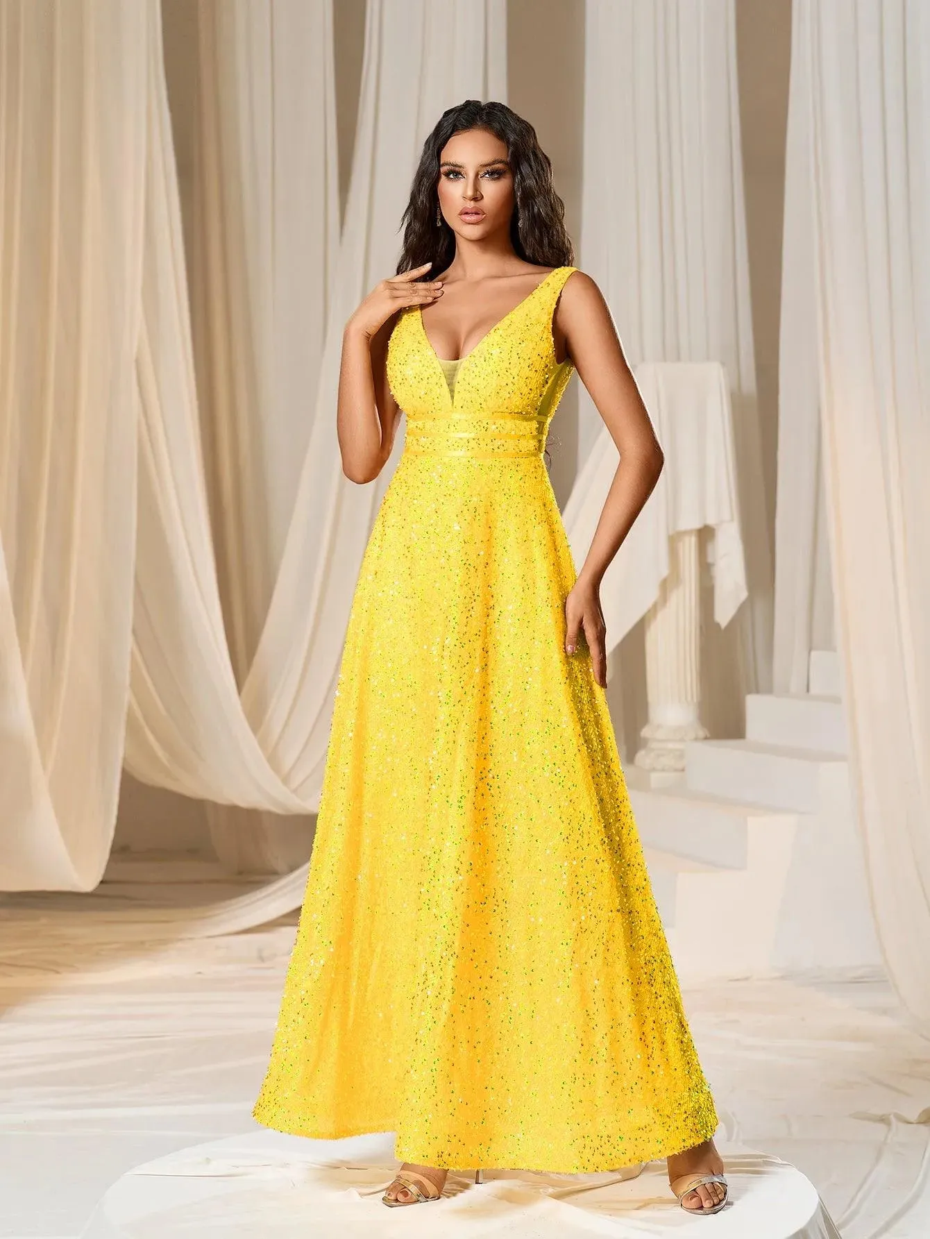 Elegant V Neck Sleeveless Sequin A-line Dresses