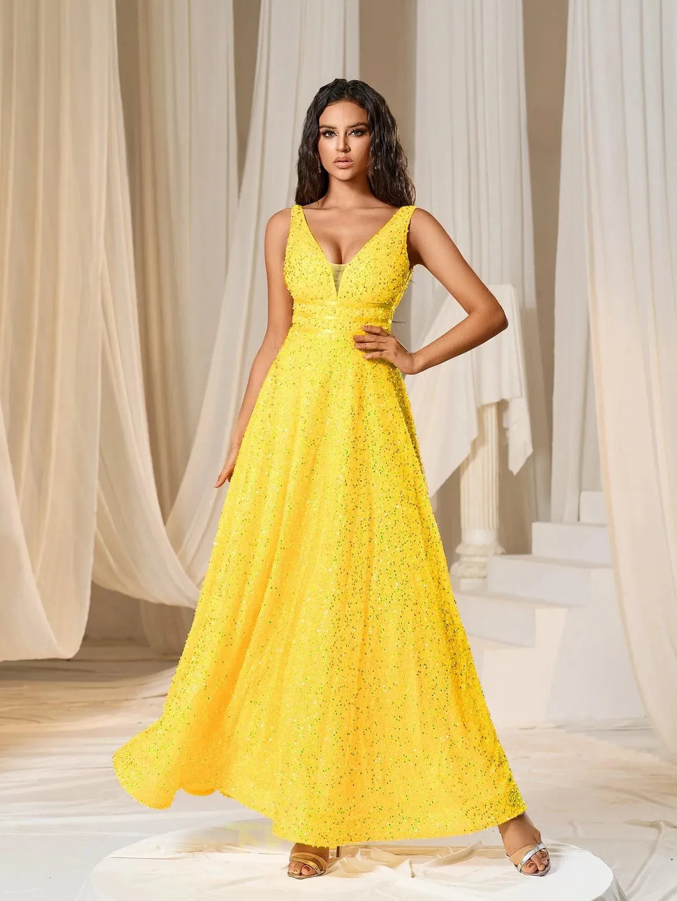 Elegant V Neck Sleeveless Sequin A-line Dresses