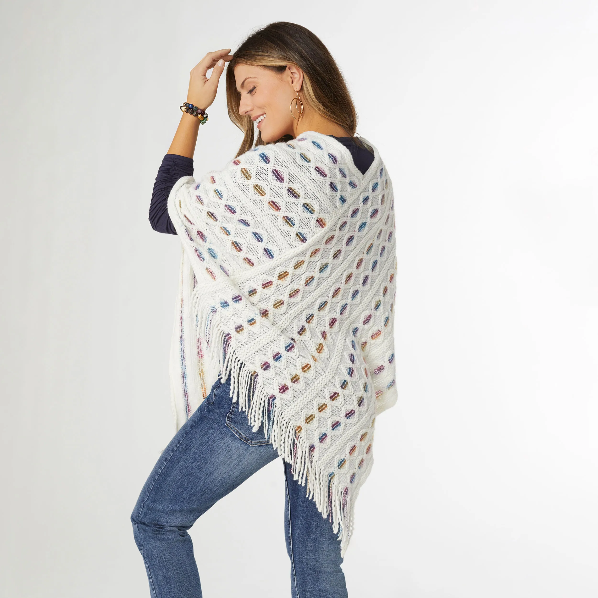 Emily Brushed Poncho with Fringe - Off White Multi