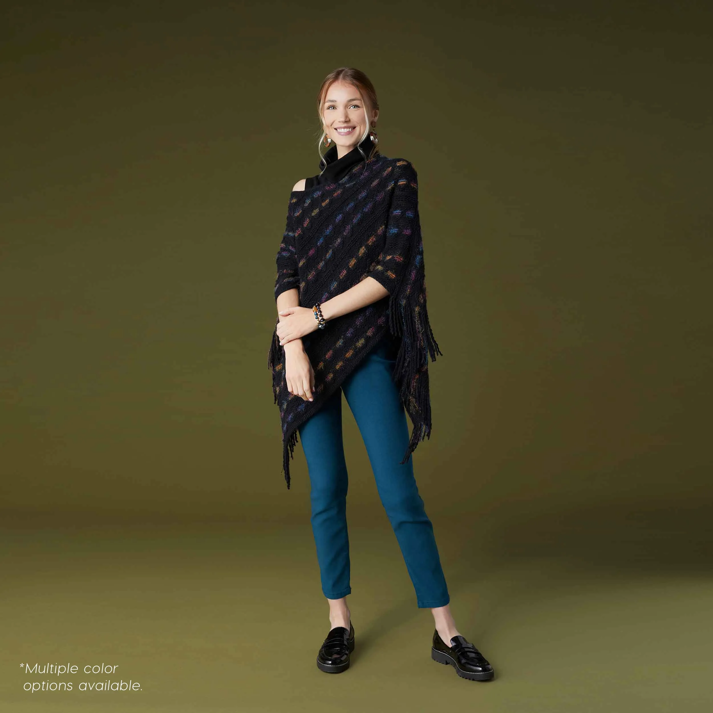 Emily Brushed Poncho with Fringe - Off White Multi