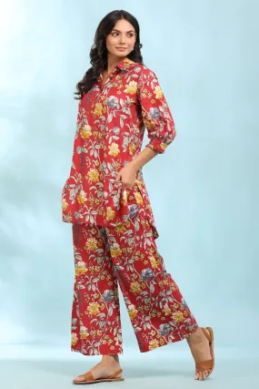 Floral Print Red Collared Cotton Loungewear Set Floral Print Red Collared Cotton Loungewear Set