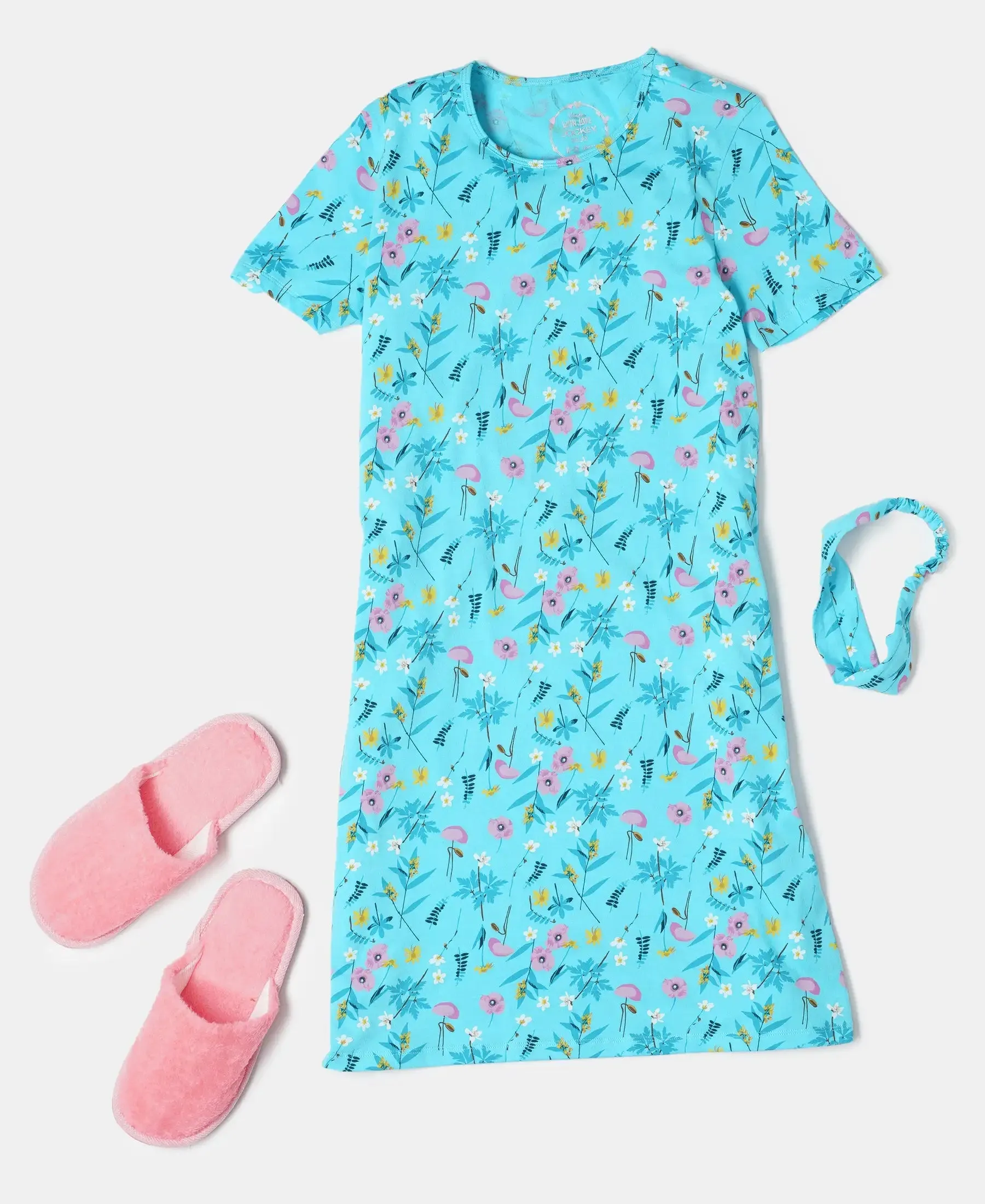 Girl's Super Combed Cotton Printed Dress with Matching Headband - Blue Curacao Printed