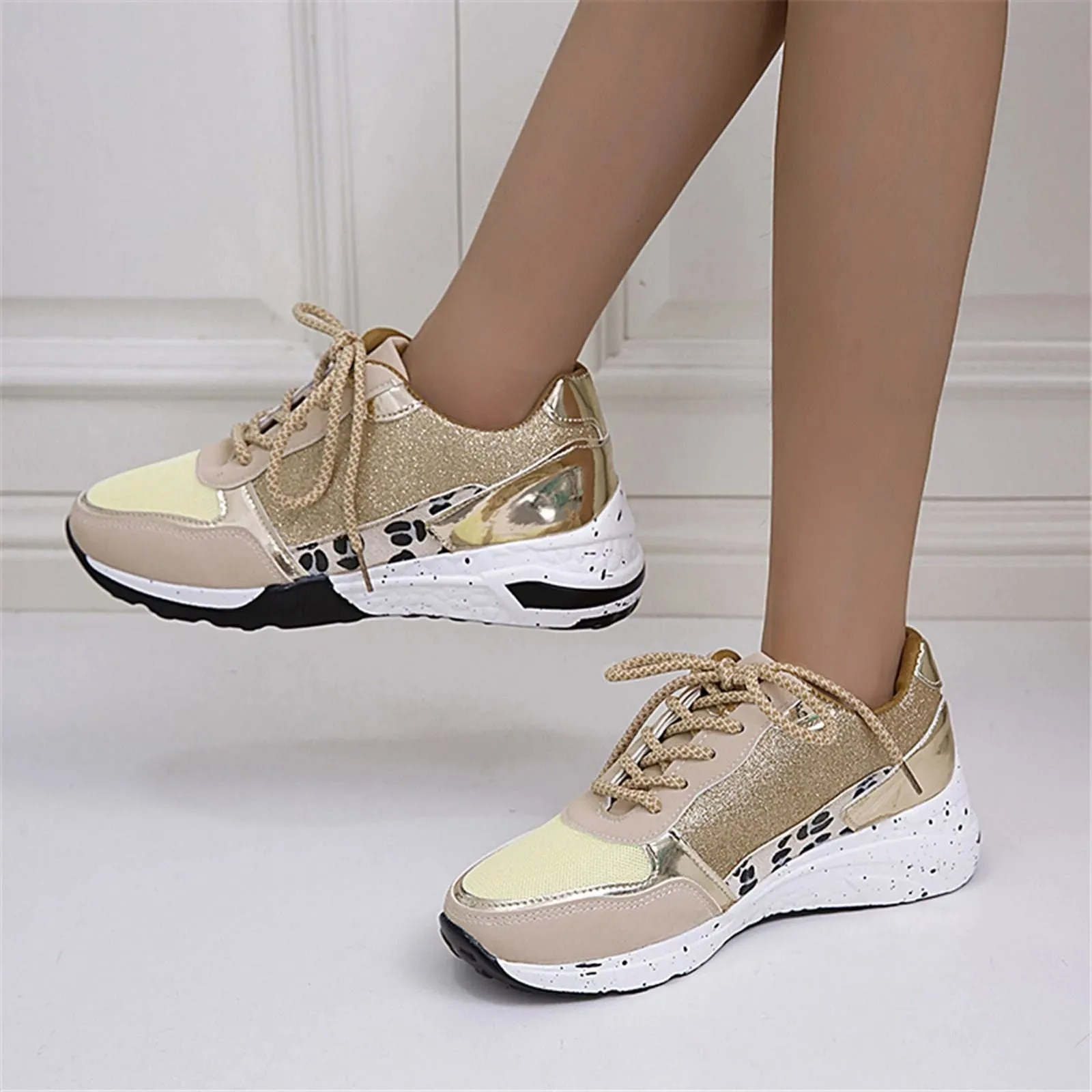 Groovywish Women's Orthopedic Leopard Bling Sneakers