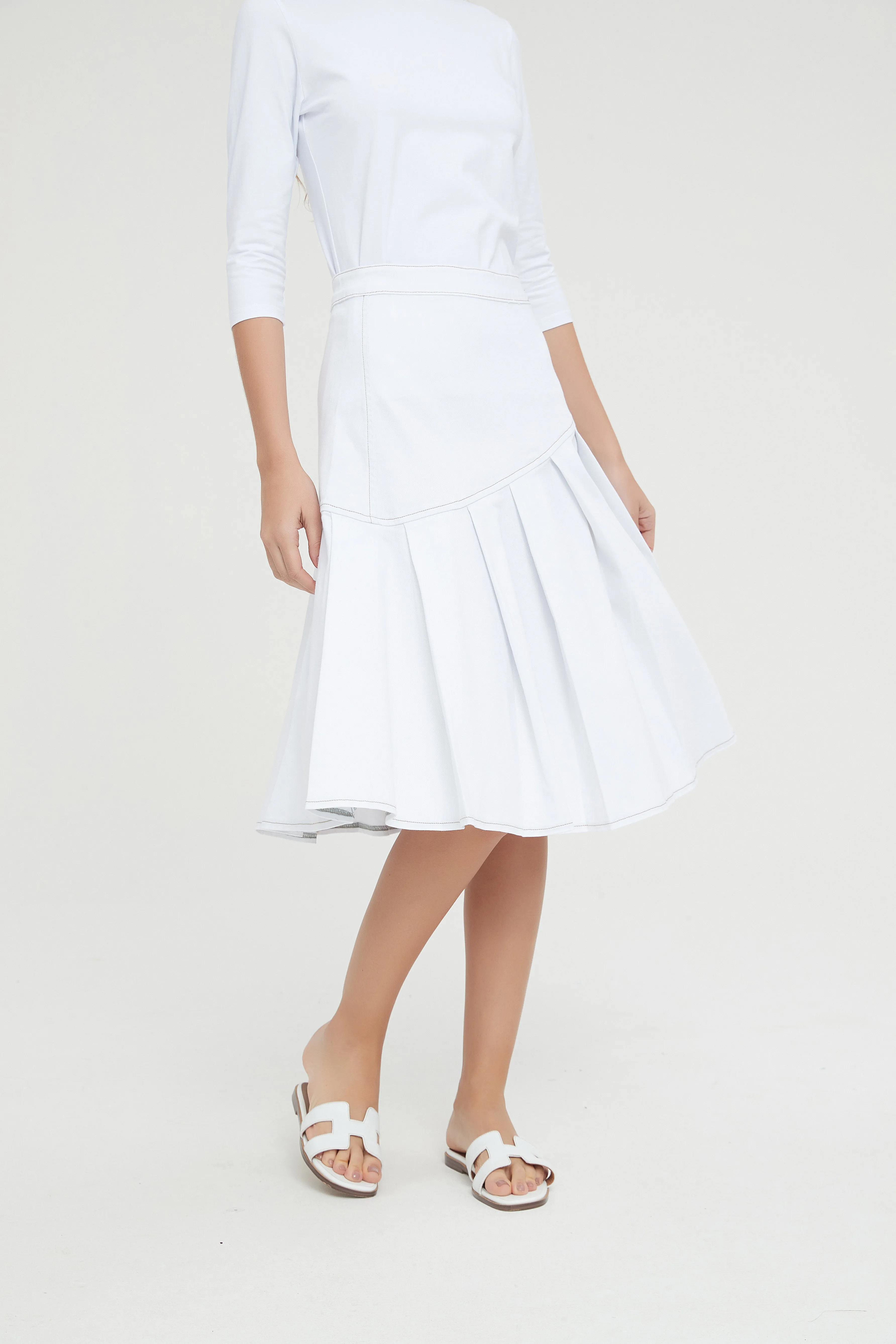 HALF PLEAT JEAN SKIRT byMM - WHITE DENIM