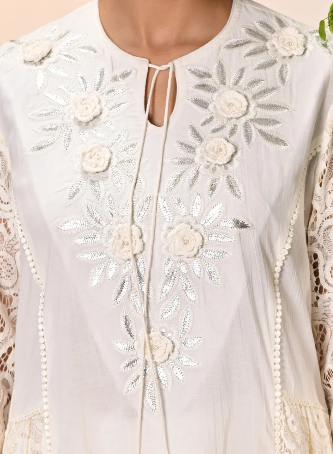 Inaara Ivory Embroidered Raschel Net Dress for
Women