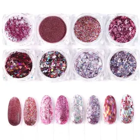 Pink Rose Glitter Flakes Nail Art - Set 8pcs Jar