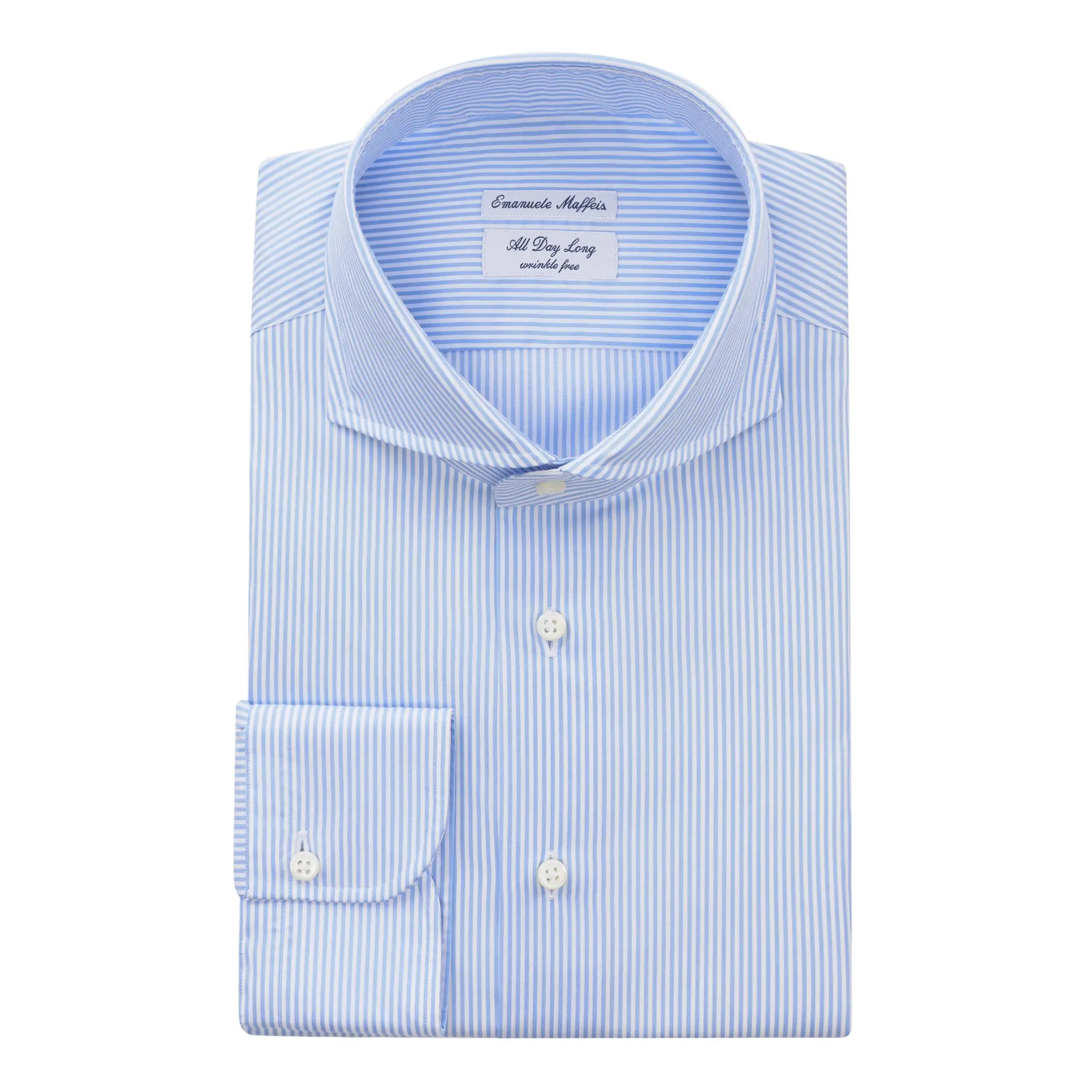 "All Day Long Collection" Bengal-Stripe Cotton Light Blue Shirt with Shark Collar