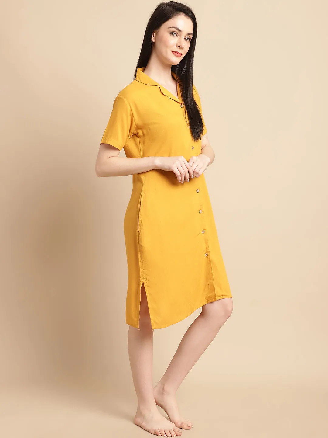 Solid Mustard Knee Length Rayon Sleep Shirt
