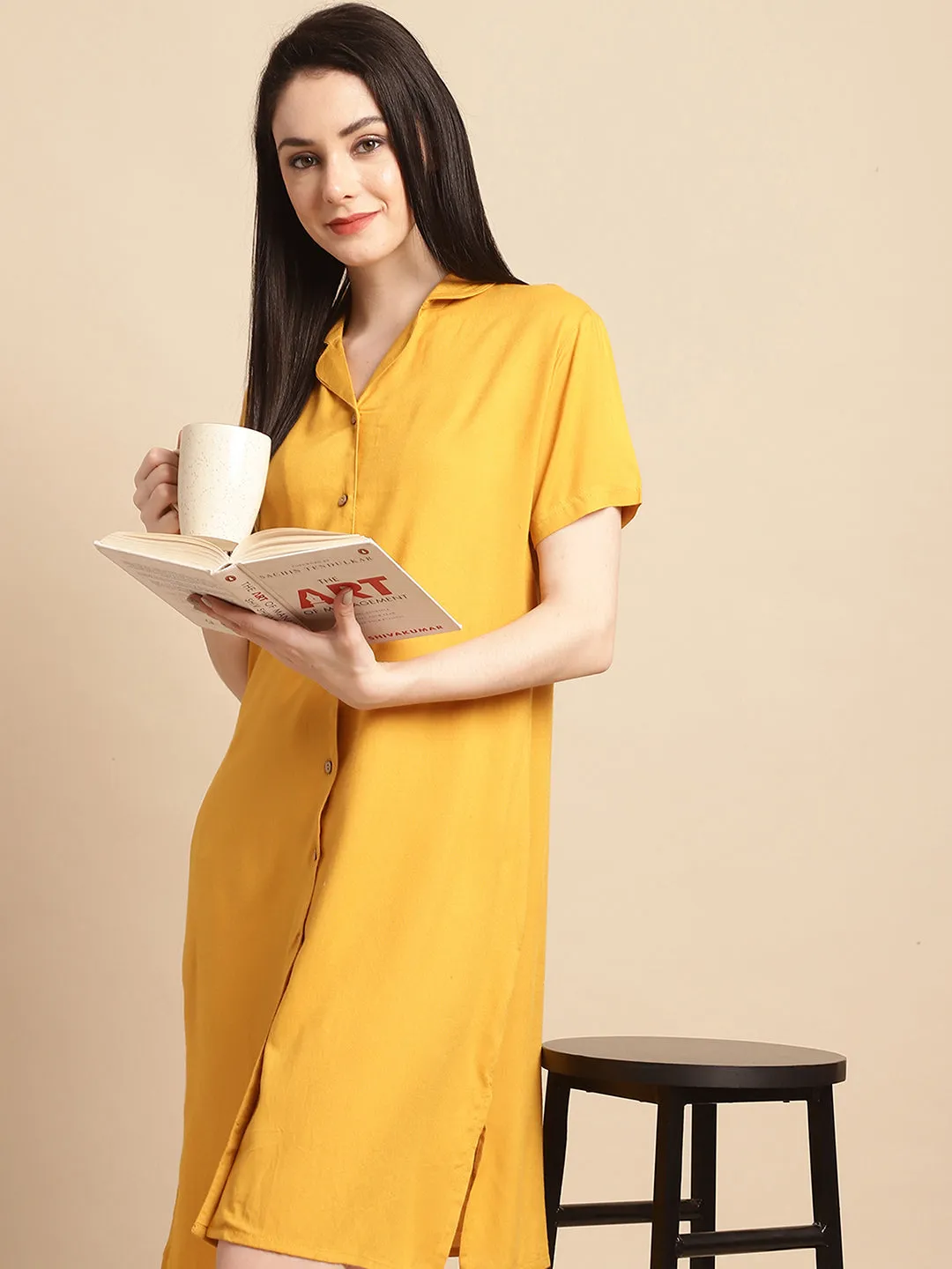 Solid Mustard Knee Length Rayon Sleep Shirt
