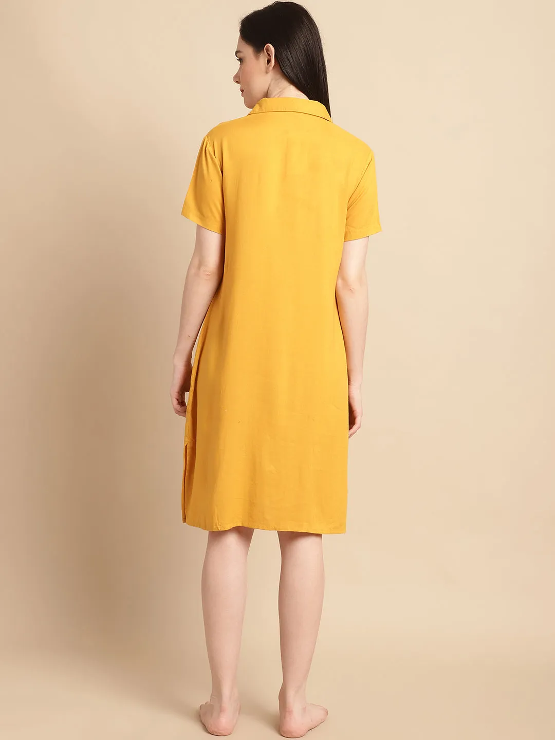 Solid Mustard Knee Length Rayon Sleep Shirt