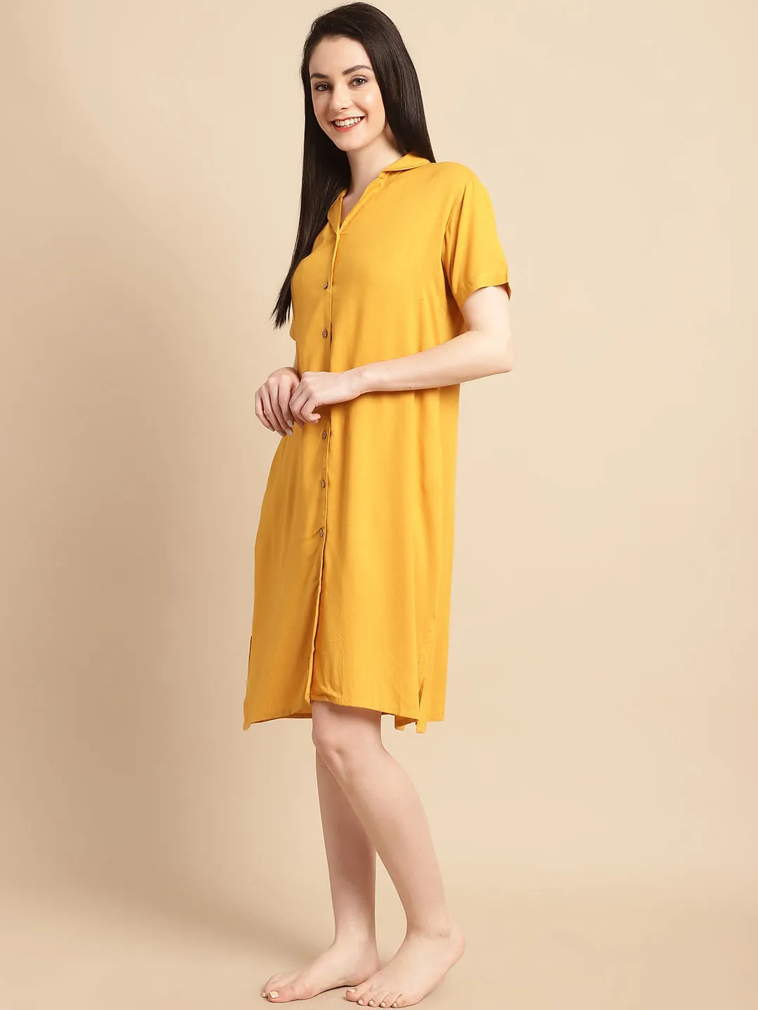 Solid Mustard Knee Length Rayon Sleep Shirt
