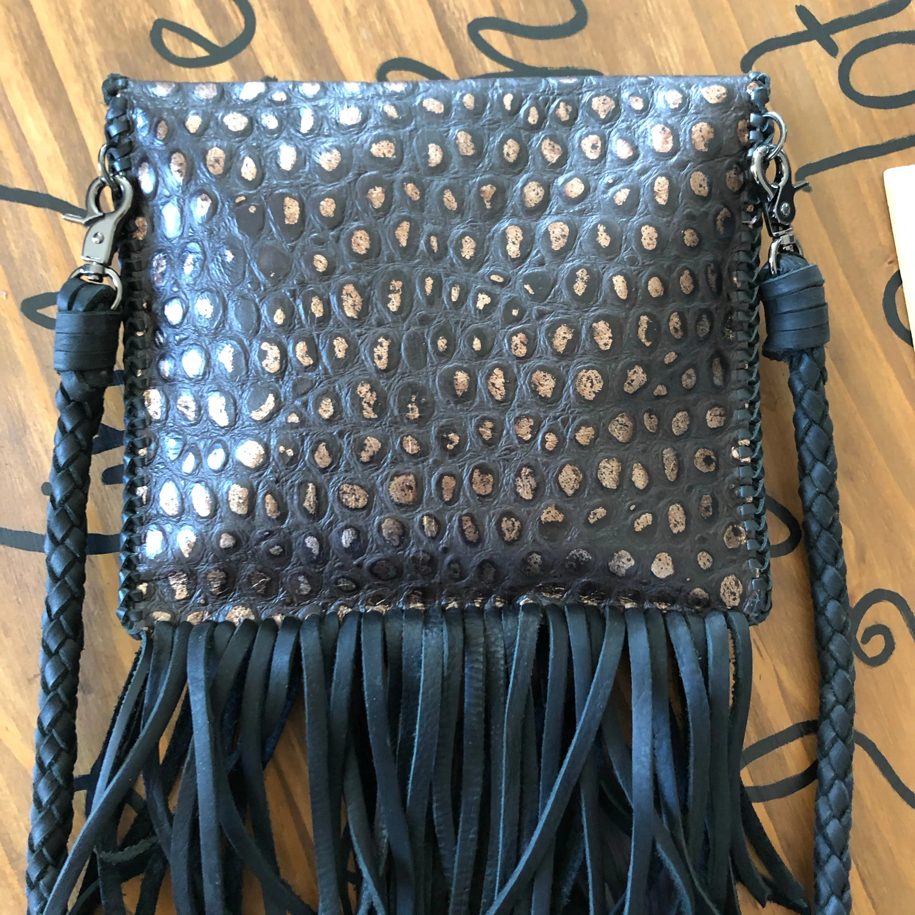 The Fringed Falcon - Black/Copper Leather Vintage Crossbody