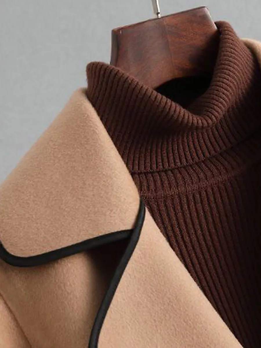 Women's Wool Blend Fall Long Pea Coat Fall Winter Maillard Lapel Collar Overcoat with Belt Thermal Warm Windproof Stylish Contemporary Modern Style Jacket Long Sleeve